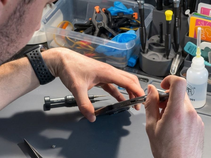 Réparation d'écran iPhone en cours à l'atelier PhiPhone